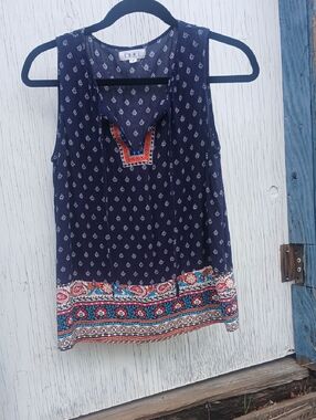 Sleeveless Navy Border-Print Boho Tank with Embroidered Yoke